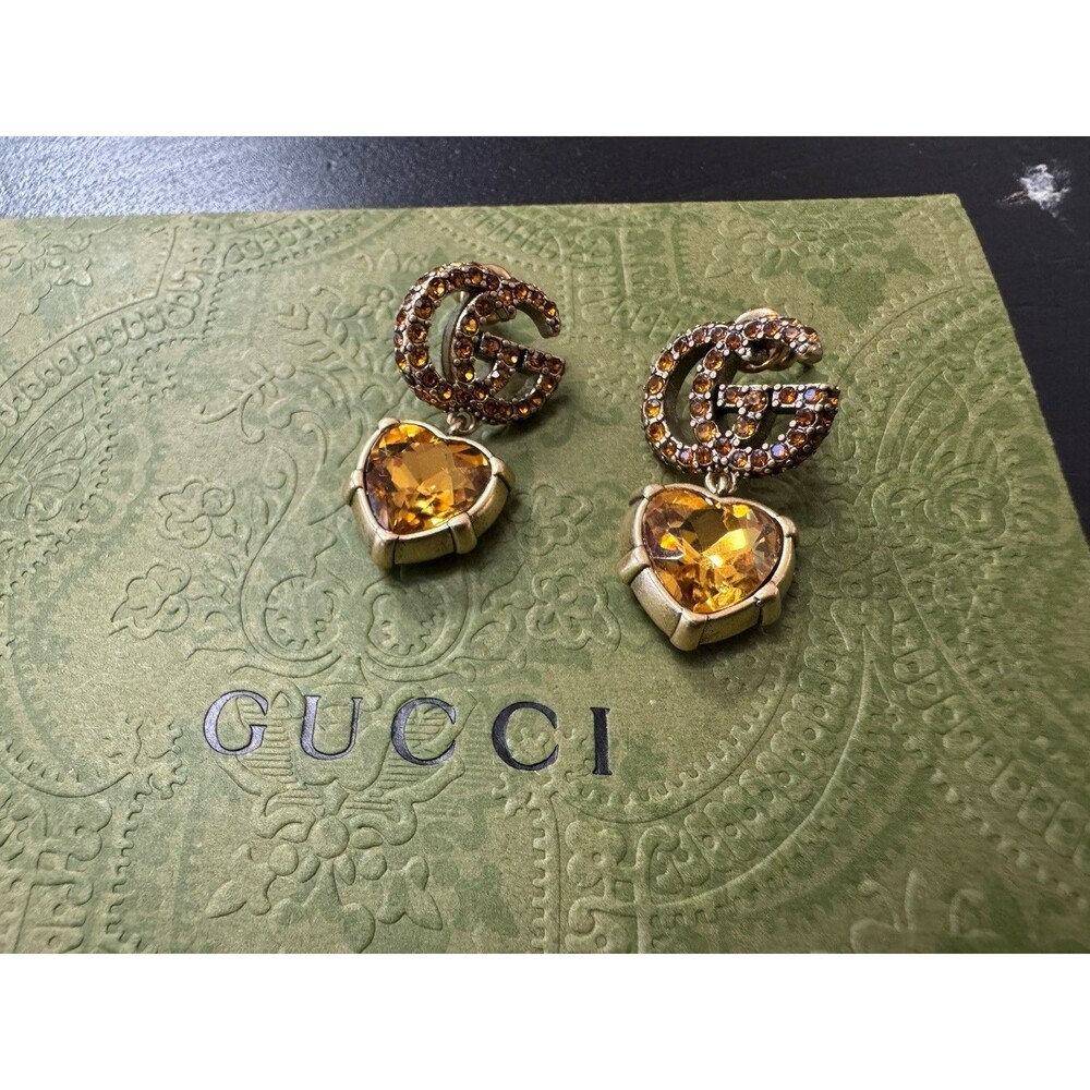 Gucci Stamped Interlocking GG Champagne Strass Heart Filigree Drop Earrings